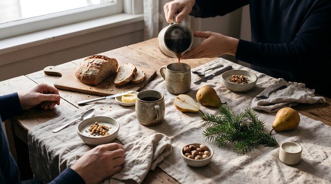Quiet winter breakfast for two with coffee, fresh bread, fruit and subtle evergreen details, illustrating cozy holidays, hospitality, food and togetherness.