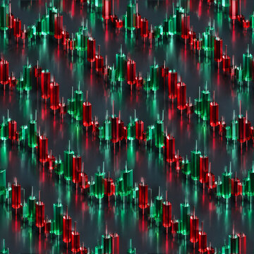 Financial candlestick chart pattern, 3D stock market data visualization, red and green glass trading bars on dark reflective background