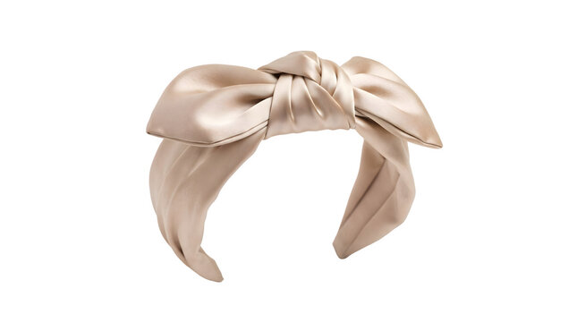 Elegant beige silk headband with a decorative bow knot isolated on transparent background