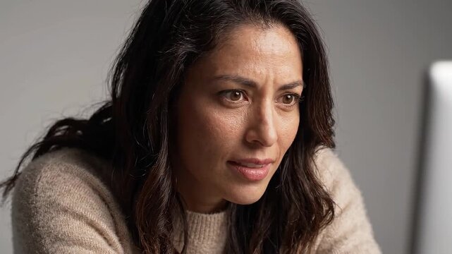 Woman reacting to a computer conversation with changing emotions from interest to concern and attentive listening