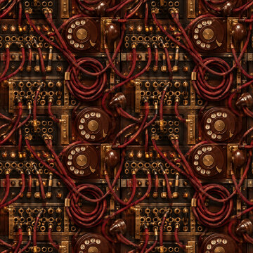 Vintage steampunk telephone switchboard pattern, antique rotary dial communication system, retro industrial brass and copper machinery background