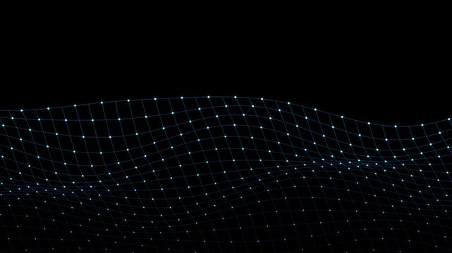 Abstract digital wireframe wave mesh with glowing dots moving on black.