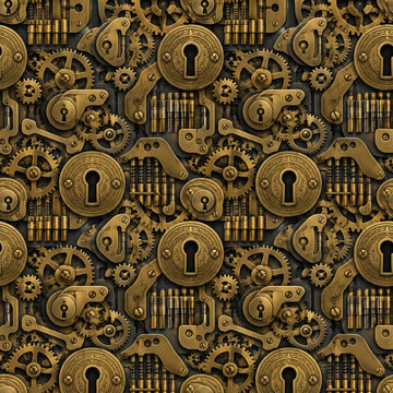 Steampunk brass gears and keyholes seamless pattern, vintage industrial clockwork mechanism background, antique metallic machinery texture