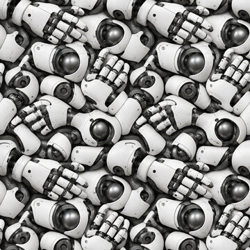 Futuristic robot hand seamless pattern, white mechanical cyborg hands background, industrial robotic arm parts and joints texture