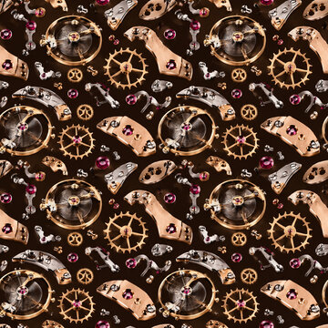 Steampunk seamless pattern with vintage clockwork gears, antique watch parts and brass mechanical elements, industrial Victorian aesthetic background