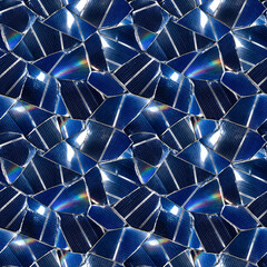 Obraz premium Abstract solar panel mosaic pattern, renewable energy technology background, blue photovoltaic cell shards with sun flare and rainbow light refraction