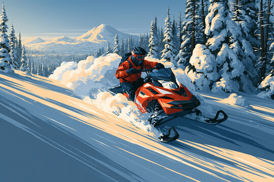 Dynamic Snowmobiling Adventure in Winter Mountain Landscape