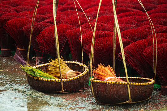Colorful incense sticks in the craft village of Quang Phu Cau. Hanoi, Vietnam.
