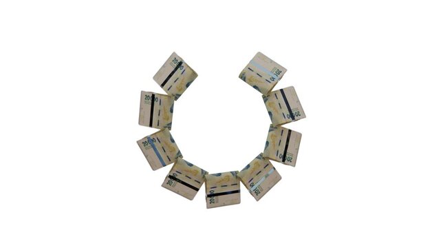 3D graphic clip featuring Argentina 20000 ARS paper money stacks in smooth motion, studio backdrop with green screen. Best for financial infographics.