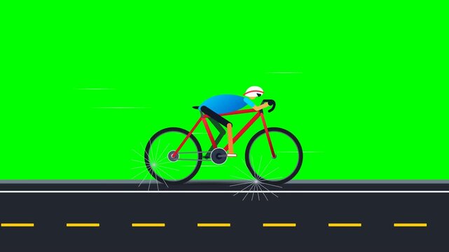 Smooth deterministic 4K green screen animation of a cyclist riding a modern road bicycle on an asphalt road with moving road markings, rotating wheels, mechanical pedaling IK motion, and wind speed li
