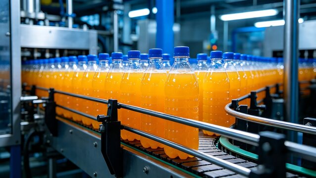 Automated Beverage Production Line with Orange Drinks