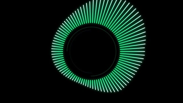 Green digital audio waveform vibrating on black background motion graphic.