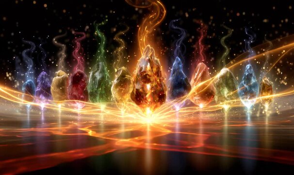 Abstract image showing a row of sparkling, glowing crystals emanating vibrant, colorful energy and light on a dark background