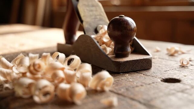Hand plane shaping timber on a rustic workbench, with curled wood shavings showing the traditional carpentry process and skilled woodworking craft.