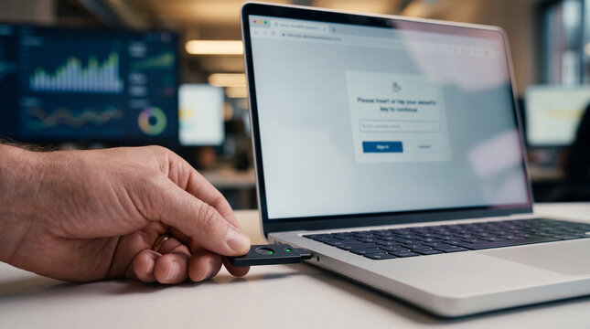 Close-Up of Hand Inserting Hardware Security Key into Laptop for Two-Factor Authentication and Cybersecurity