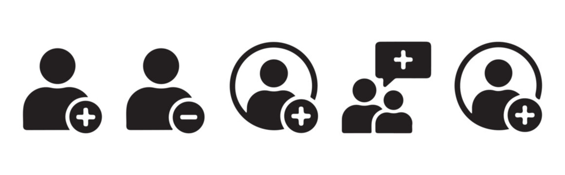 Black glyph user account profile and social media network connection icon set on transparent background.