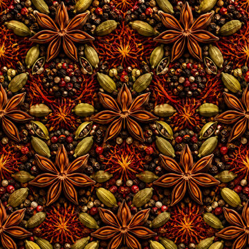 Aromatic spice pattern with star anise and cardamom, seamless culinary background with peppercorns and saffron, exotic food texture for kitchen decor
