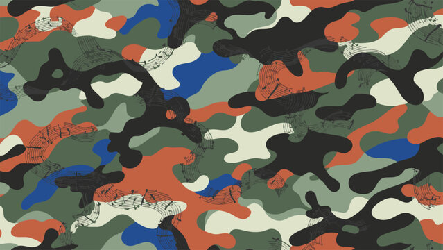 Vector Artistic Camouflage Pattern with Musical Notes and Green Orange Blue Abstract