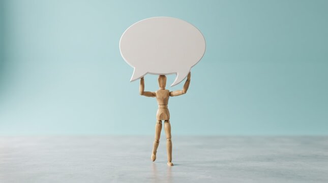Wooden figure holding speech bubble with blank message