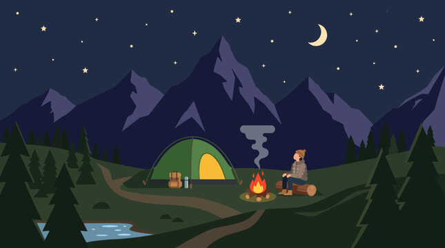 Man sitting by a campfire at a mountain campsite under starry sky