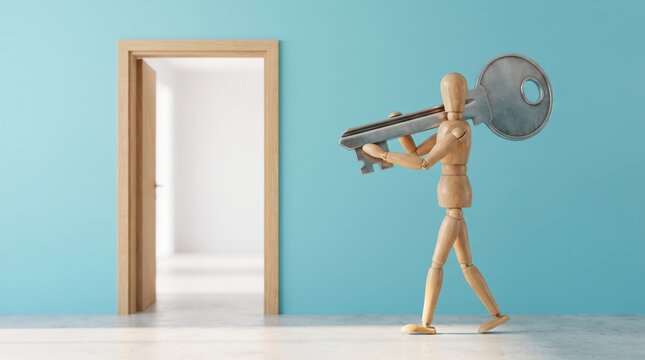 Wooden mannequin holding key and suitcase walking towards door