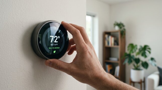 Person adjusting smart thermostat on a white wall