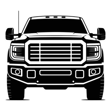 Pickup truck front view detailed black and white silhouette
