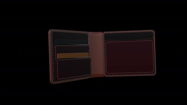 Indian rupee wallet animation with cash notes and payment cards in a stitched leather wallet. 6-second loop with transparent background and alpha channel for finance and banking visuals.