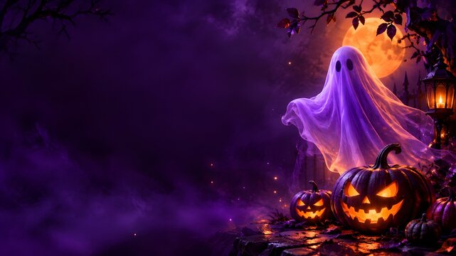 Spooky ghost floating above glowing jack o lantern pumpkins in dark forest night