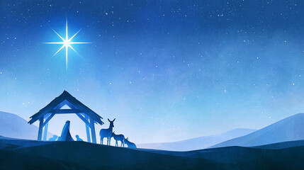 Fototapeta premium Nativity scene watercolor illustration with a guiding star, christmas religious art, with copy space