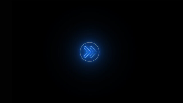 Glowing blue forward arrow symbol in a circular frame on black background with navigation direction interface technology abstract