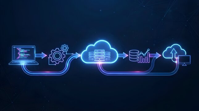 Conceptual digital workflow and cloud computing automation illustration showing data processing sequence from programming on laptop through cloud servers to final analytics and storage
