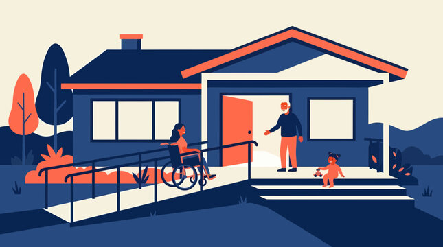 An illustration depicts a person in a wheelchair using a ramp to enter a house, with a person opening the door for them. A dog is on the porch