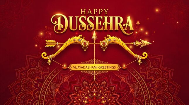 Happy Dussehra Vijayadashami Greeting with Golden Bow and Arrow on Red Ornamental Backgroun