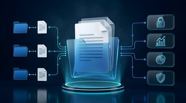 Conceptual digital document management and automated workflow system with folders, cloud storage, data security, and analytics icons on a futuristic blue background for business efficiency.