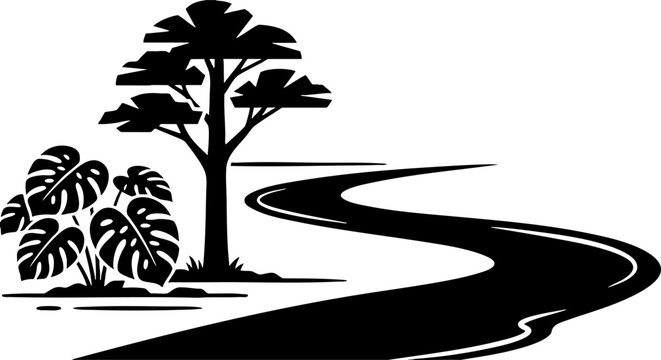 Minimalist black and white landscape with winding river and trees