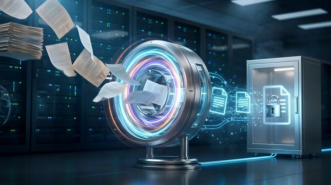 Futuristic Data Migration Process Showing Physical Documents Being Digitized Through a High-Tech Portal into a Secure Virtual Storage Vault with Padlock Icon in a Modern Server Room Background