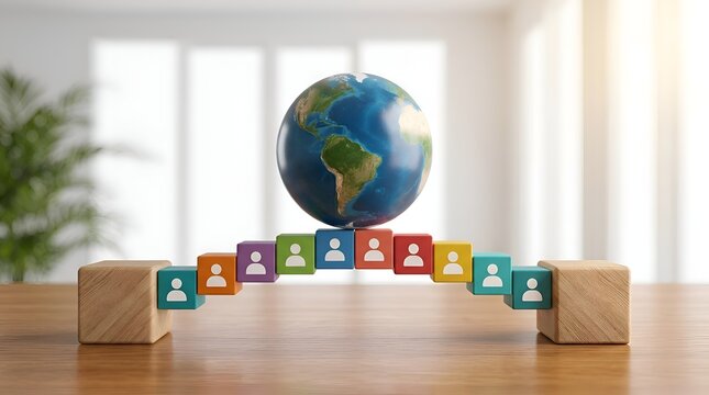 Planet Earth globe balanced on a colorful arch bridge made of blocks with human silhouette icons, symbolizing global community, unity, diversity, international cooperation, and social connection.