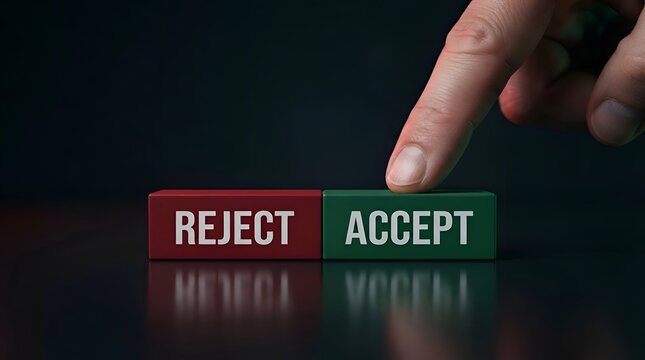 Close-up of a Human Finger Pressing a Green Block with the Word Accept Next to a Red Reject Block Representing Decision Making, Approval, Final Choice, and Business Evaluation Concept