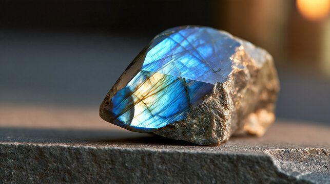 Raw labradorite mineral specimen with blue and green labradorescence iridescence isolated on a dark grey background, crystal healing gemstone, with copy space