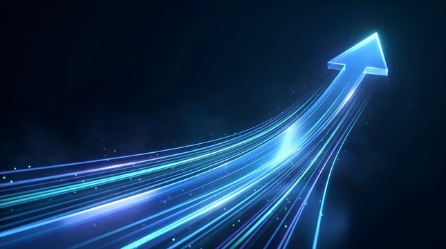 Abstract glowing blue arrow pointing upward symbolizing business growth, success, and financial progress with futuristic light trails and particles on dark background for corporate concepts.