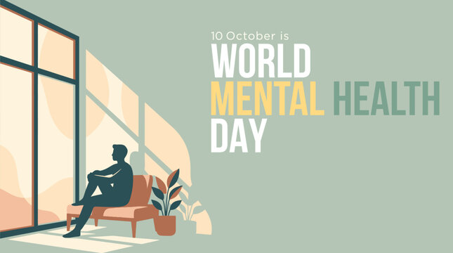 World mental health day illustration featuring a lonely person sitting on a sofa near a large window in a peaceful room setting for awareness campaign