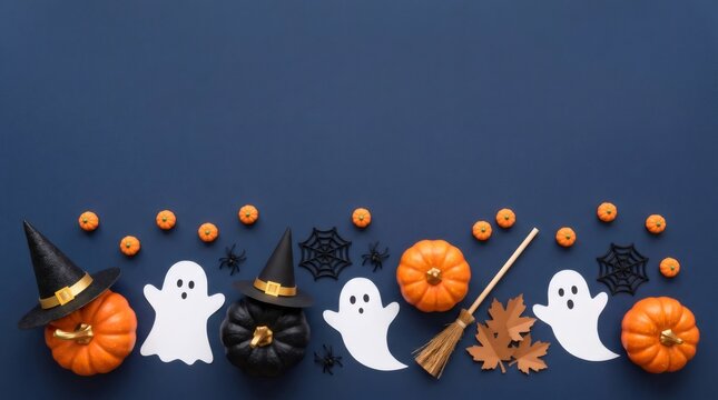 Halloween objects creating holiday border on blue background