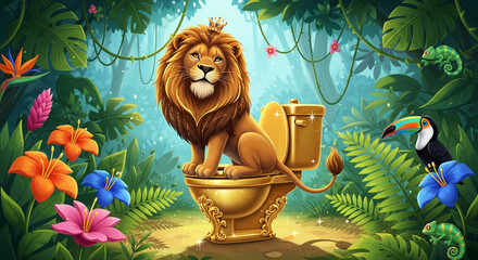 Fototapeta premium Lion king crowned, sits on golden toilet in lush jungle with toucan & chameleon, symbolizing royalty, humor, and nature.