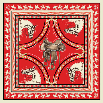 Equestrian theme textile print pattern with horses, saddles, and horseshoes on vibrant red backdrop.
