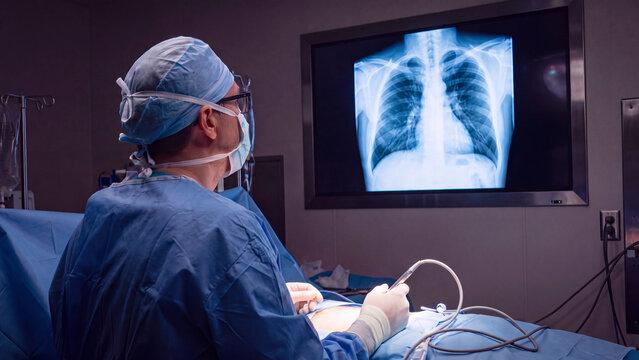 Surgeon performing ultrasound guided medical procedure while reviewing chest xray imaging in operating room for hospital surgery diagnosis and patient care