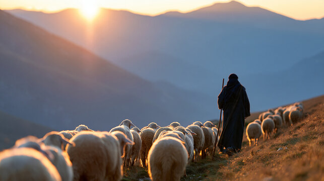 Faceless shepherd guiding a flock of sheep across a vast mountain landscape at sunrise, parable of pastoral care, faith and spiritual leadership, with copy space