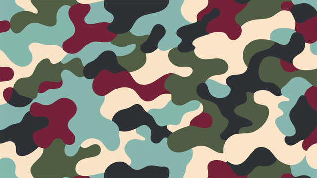 Editable Vector Camouflage Pattern with Fluid Dark Green Red Teal Beige and Black
