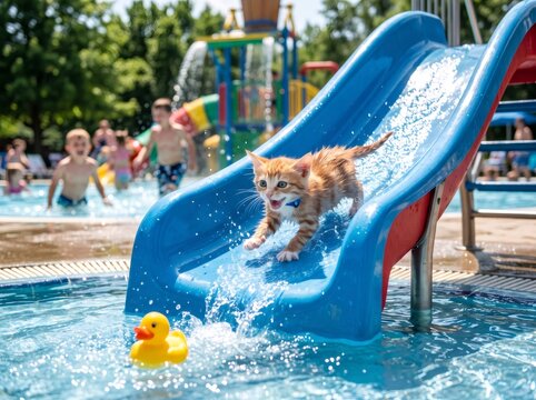 Kitten sliding down water park slide into pool