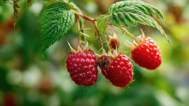 Close-up of ripe red raspberries growing on green leafy plant in natural sunlight.